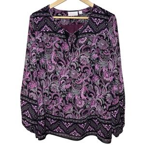 Belle Kim Gravel Tunic Top Blouse 1X Purple Paisley Flowy Boho Hippie Romantic
